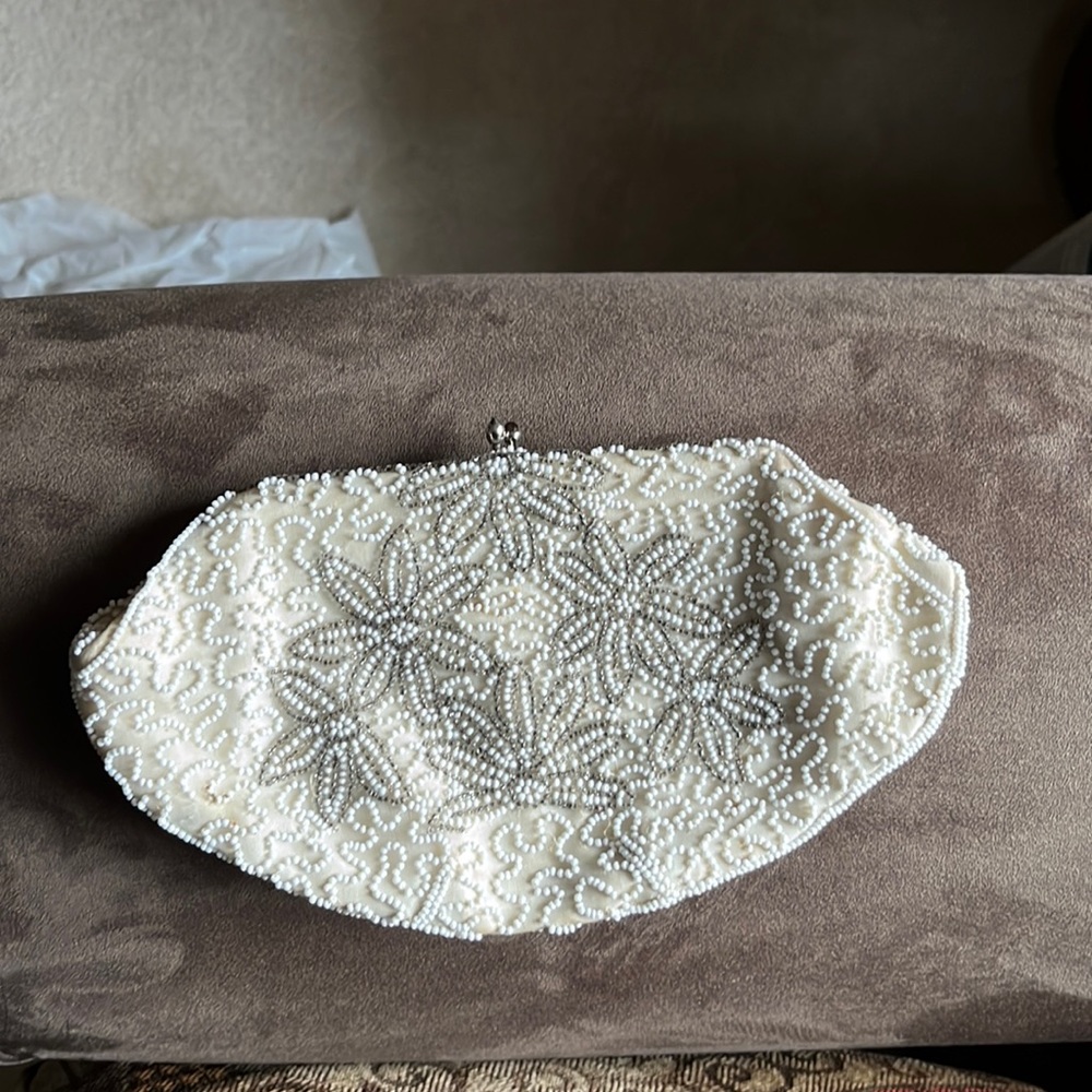 Vintage beaded clutch hand made in Belgium white and silver beads